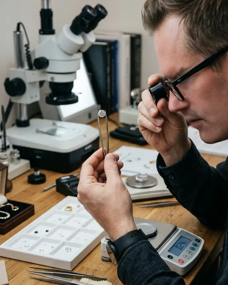 A valuer examining a gemstone through a loupe at a laboratory bench, with a microscope, digital scale and jewellery testing tools laid out